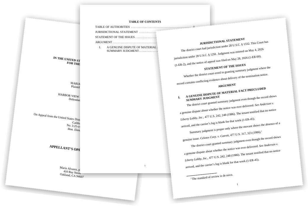 Sample appellate brief formatted by AppealDraft: cover page, table of contents and first page of the argument